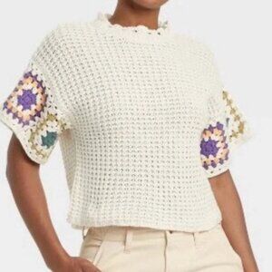 Universal Thread  Cream Crochet Granny Square Short Sleeve Sweater